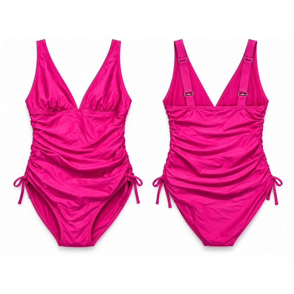 DKNY One Piece Swimsuit Womens Medium Pink Fuchsia Ruched V-Neck Tummy Shaping